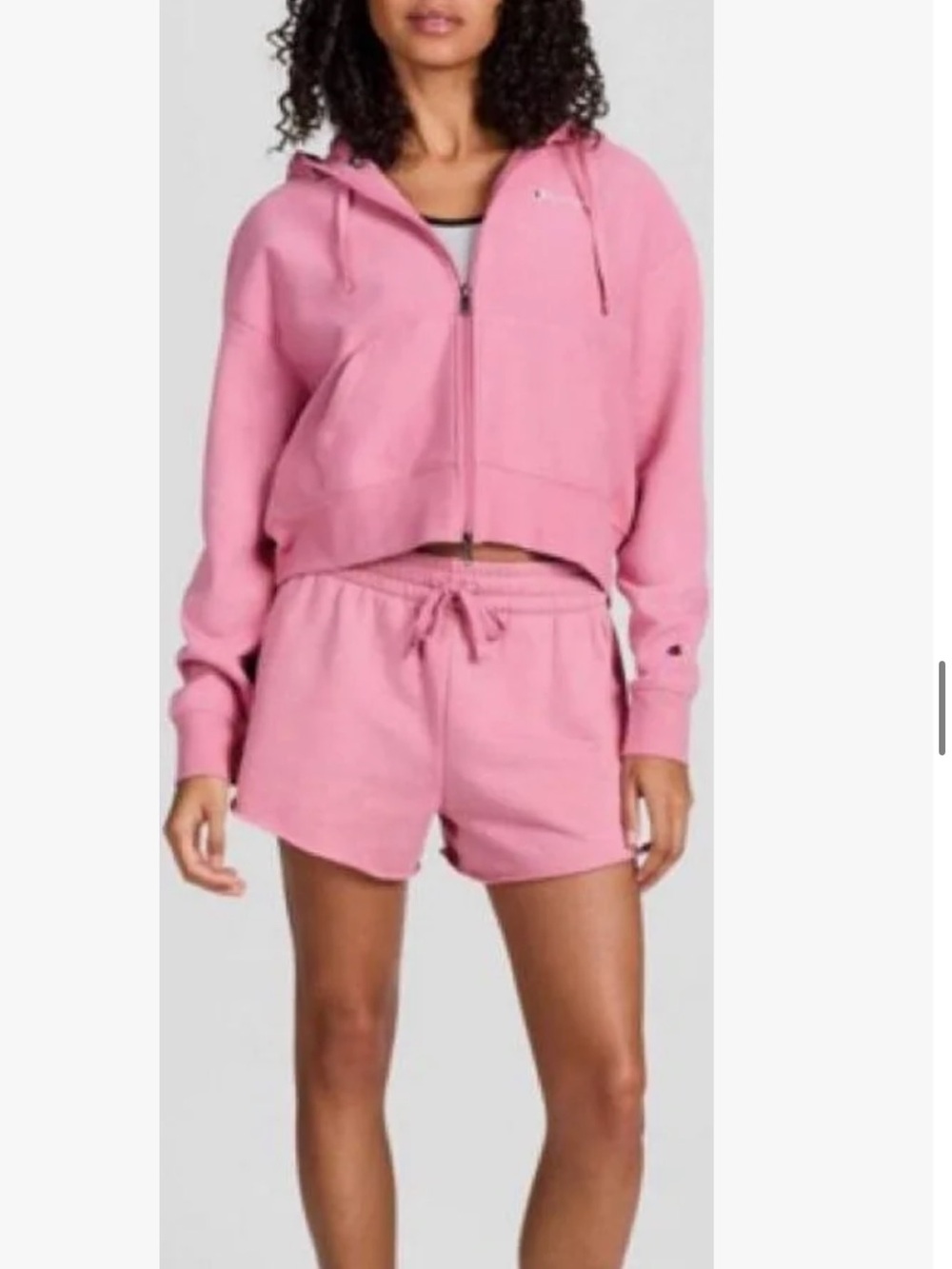 Champion Pink Sweat Set with Cropped Zip Hoodie Matching Shorts and Slides